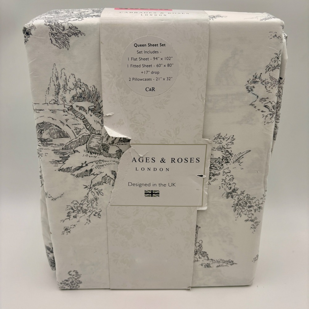 Cabbages & Roses London Queen Sheet Set Ditsy Floral Mineral 100% Cotton Toile